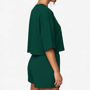 Affordable Price Wholesale Winter Solid Women Two Piece Shorts <b>Set</b> Cropped Sweatshirt High Waist Drawstring Shorts - Product Image 2