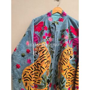 Hand Embroidered Cotton <b>Jacket</b> With Tiger And Floral <b>Pattern</b> Mandarin Collar Autumn Wear - Product Image 4
