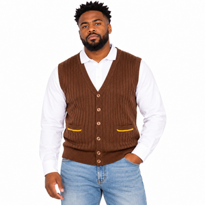 Chaleco de Punto Marrón Iota Phi Theta para Hombre, Cuello en V, Botones al Frente, Sin Mangas, Chaleco de Punto Acanalado con Bolsillos, Estilo Casual - Product Image 1