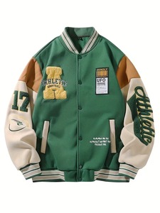 Customized High Quality 100% Cotton Men's Green <b>Summer</b> Varsity <b>Jacket</b> Fleece Lining Breathable Eco-Friendly Embroidered Logo - Product Image 1