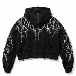 Custom Black Distressed Cropped <b>Zip</b>-Up Hoodie Rhinestone Lightning Design Faded Wash Oversized Street Wear Winter Fleece 100% - Product Image 2