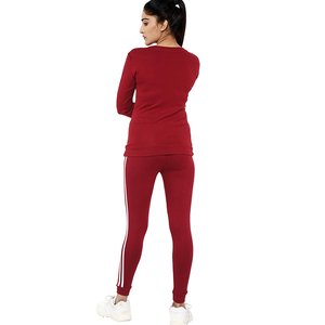 Ensemble de survêtement pour femmes, rouge, manches longues, col rond, couleur unie, respirant, en coton et élasthanne, décontracté, pour l'automne - Product Image 3
