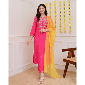 Diseño llamativo, nueva colección de ropa de estilo indio de primera calidad, Chanderi con bordado, conjunto Kurti y pantalón. - Product Image 1