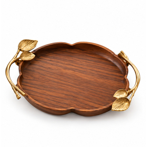 Plateau décoratif en bois au design élégant avec poignées en feuille d'or, plateau de service artisanal en bois de manguier, plateau de table en gros - Product Image 1