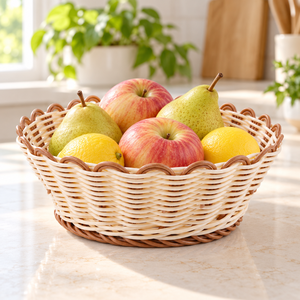 Carved Modern Round <b>Bamboo</b> <b>Bowl</b> Two-Tone Weave Scalloped Rim Eco-Friendly Lightweight Food Serving & Decor - Product Image 5