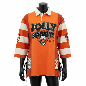 Chemise de rugby pour femme en coton épais de qualité supérieure, manches rayées orange, empiècements latéraux en dentelle, logo personnalisé imprimé à l'écran. Chemise de rugby pour femme en coton. - Product Image 1