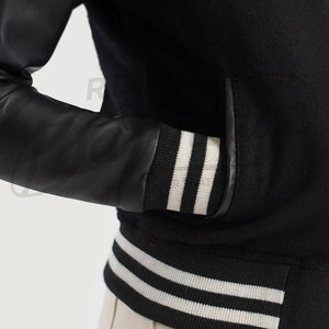 Women Varsity Letterman <b>Jacket</b> Black Wool Body with Black Real <b>Leather</b> Sleeves Slim Fit Premium Classic Baseball Casual College - Product Image 3