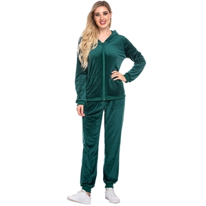 Women Green <b>Velour</b> <b>Tracksuit</b> Full Sleeve Hooded Elastic Waist/Drawstring Closure Casual Winter Wear Solid Eco-Friendly - Product Image 4