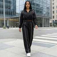 Ensemble de survêtement pour femmes, veste de survêtement noire courte et pantalon de jogging taille haute, 2 pièces, hiver, athlétique, écologique, réfléchissant