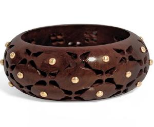 Bracelet manchette large et épais en bois de Sheesham fait main, orné de laiton et sculpté à motifs floraux, style vintage - Product Image 1