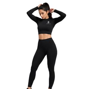 Women's <b>Black</b> Long Sleeve Crop Top and High Waist <b>Leggings</b> Activewear Workout Set - Product Image 1