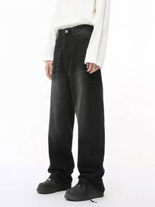 Jean décontracté pour homme, coupe droite ample, délavé, tendances actuelles pour le streetwear hip-hop - Pantalon large délavé et vieilli - Product Image 2