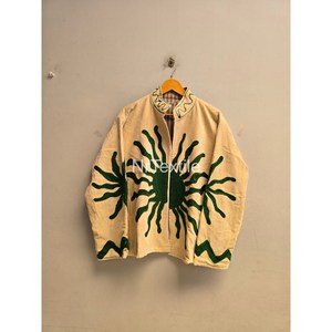 Hand Embroidered <b>Mandarin</b> <b>Collar</b> <b>Jacket</b> Full Sleeve Geometric Pattern Autumn Women's Coat Cream Green Sun Design - Product Image 1