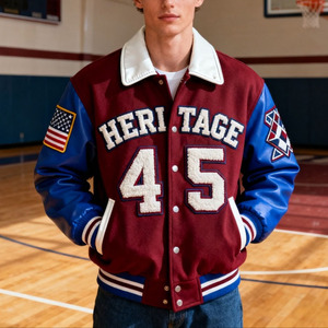 เสื้อแจ็คเก็ตวาร์ซิตี้ผู้ชาย แบรนด์ Men High Street  ผ้าขนสัตว์ หนัง  ปักอักษร  ปักลายเชนิลล์  เสื้อแจ็คเก็ตเบสบอลแบบสั่งทำ - Product Image 2