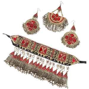 Ensemble collier et boucles d'oreilles choker pour femme, léger, tendance, traditionnel, en acier inoxydable plaqué argent antique, pour tenues longues - Product Image 1