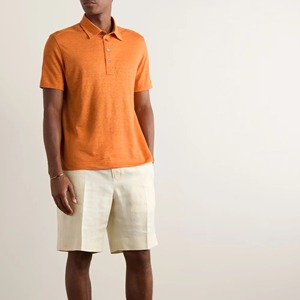 Men's <b>Orange</b> Knitted Short Sleeve <b>Polo</b> Shirt Solid Color Casual Style Regular Fit Button Front Design - Product Image 4