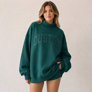 Winter Front Embroidery Logo <b>Women</b> Oversized Cotton Sweatshirt OEM/ODM Mockneck Long Sleeve <b>Pullover</b> - Product Image 4