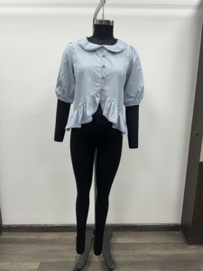 Women's Light Blue Cotton Casual <b>Top</b> with Peter Pan Collar Ruffles Three Quarter Sleeve Sweet Vintage Style Spring Summer XL - Product Image 2