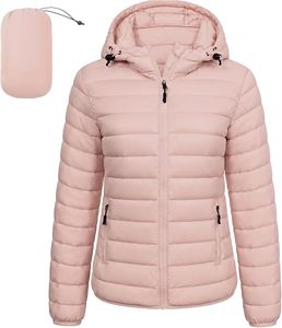 Light Pink Hooded <b>Puffer</b> <b>Jacket</b> Women's Casual Windproof Zipper Front Autumn <b>Thin</b> Polyester Wadding Regular Fit Solid Color - Product Image 1