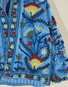 Sky Blue Velvet Woven Embroidered Floral Mandarin Collar Full Sleeve Women's Outerwear Boho Winter Jacket Cotton Lining <b>Gift</b> Her - Product Image 3