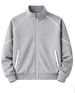Ensemble de survêtement gris clair personnalisé pour homme, veste zippée intégrale et pantalon de jogging avec passepoil blanc, fabricant de vêtements de sport sur mesure OEM - Product Image 1