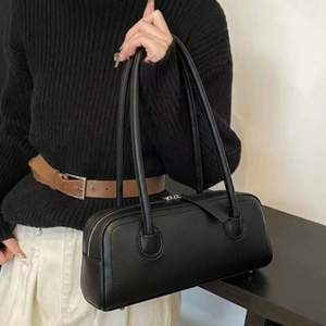 Vintage Black Bowler Shoulder Bag Two-<b>Handle</b> Waterproof Pebbled PU Leather <b>Handbag</b> Ruched Zipper Purse for Outdoor Travel Daily - Product Image 4