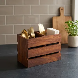 Wooden Cutlery <b>Holder</b> for <b>Kitchen</b> Countertop Sheesham Wood <b>Utensil</b> Organizer Rustic Flatware Caddy 2 Compartment Spoon Fork etc - Product Image 5