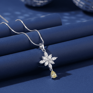Collar con colgante floral de diamante cultivado en laboratorio, colgante de flor en oro blanco, diamante amarillo en forma de pera, elegante joyería fina, regalo para mujeres. - Product Image 3