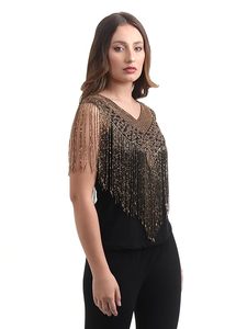 Cape en résille pour femme, poncho à col en V avec broderie perlée, sans manches, noir et or - Product Image 3