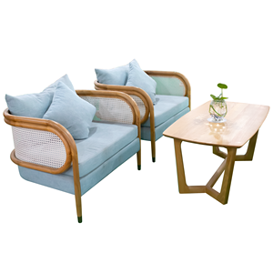 Ensemble de canapés de jardin certifié en chêne et teck avec structure en rotin, coussins bleus, mobilier d'extérieur, origine Vietnam, marque OEM, moderne - Product Image 5
