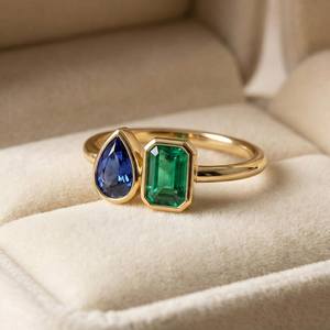 แหวนมรกตและไพลินสีน้ำเงิน รูปทรงลูกแพร์ มรกตคัท เงินแท้ 925 ชุบทอง 14K หินประจำเดือนเกิดพฤษภาคม-กันยายน - Product Image 6