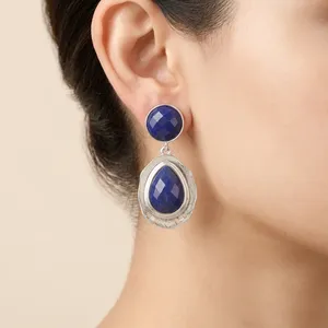 Boucles d'oreilles pendantes en pierres naturelles (labradorite, lapis-lazuli, amazonite, onyx noir) plaquées argent, modèle tendance, bijoux de mode pour femmes - Product Image 3