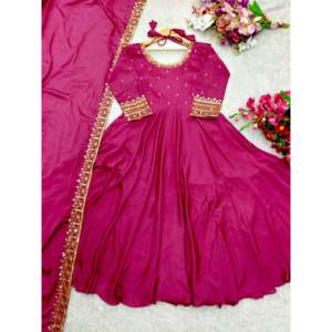 Hermoso Vestido de Fiesta Color Rosa Oscuro, Corte en A, con Manga Larga, Cuello Cuadrado, Bordado, Dupatta Elegante y Cintura Natural - Product Image 4