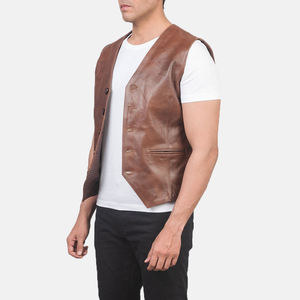 Gilet en cuir véritable pour homme, décontracté, à boutonnage simple, couleur unie, vêtement d'extérieur d'automne, sans col - Product Image 1