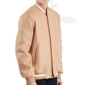 Men's Beige Varsity <b>Jacket</b> Stand Collar Single Button Closure Casual Regular Fit <b>Fleece</b> <b>Lining</b> Solid Color Winter Wear Front - Product Image 3