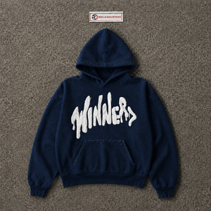 Sweat-shirt à capuche bleu marine avec lettrage graffiti blanc audacieux, style streetwear oversize, mode urbaine décontractée moderne - Product Image 5