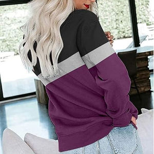 Sweat-shirt color block noir, gris et violet pour femme avec poche frontale, col rond et empiècements horizontaux pour tenues de tous les jours - Product Image 5