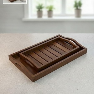 Juego de 2 bandejas de madera para servir con asas – Bandeja de madera de acacia maciza con listones para servir comida, té, café y desayuno - Product Image 6