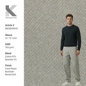 Tela de Sarga Elástica de Algodón y Spandex 305GSM con Acabado Piel de Durazno para Ropa Masculina, Material Textil para Sudaderas, Directo de Fábrica, OEM, ODM - Product Image 1