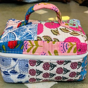 Panelled Cosmetic Bag Medium Size Bohemian Floral Print Zipper Closure Soft Handle Textile Material - Product Image 5