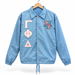 Veste de coach personnalisée Gamma Phi Delta Sorority, matelassée, respirante, légère, logo brodé sur le devant, bleu ciel, rose, manches longues - Product Image 5