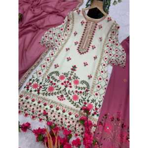 Kavya Fab Women's White Beautiful Top-Bottom y Fancy Dupatta Set para fiestas - Product Image 1