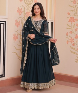 Colección de Vestidos de Novia Estilo Indio-Pakistaní, Salwar Kameez de Material Faux Georgette con Bordado Intenso, para Mujer - Product Image 1
