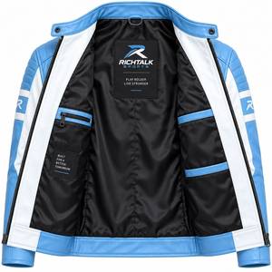 Men's Winter Leather Motorcycle <b>Jacket</b> <b>White</b> Blue Color Blocking Stand Collar Zipper Closure Front Logo Moto <b>Biker</b> Style - Product Image 4