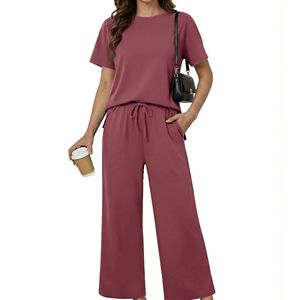 Women's 2 Piece Loose Fit Set Solid Color Short Sleeve <b>Top</b> Wide Leg Pants Casual Wear Breathable Knitted Summer Sets Women's - Product Image 6