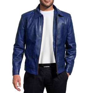 <b>Men's</b> Blue Genuine <b>Leather</b> <b>Jacket</b> Turn-down Collar Zipper Closure Casual Regular Fit <b>Jacket</b> For Sale - Product Image 3