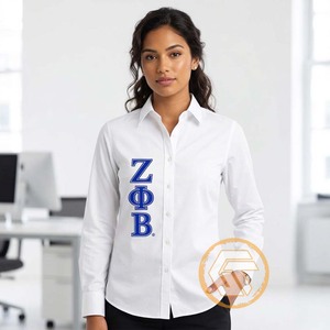 Chemise boutonnée pour femme GREEK TREASURES ODM pour la sororité et la fraternité Zeta Phi Beta, 100 % coton, écologique, anti-boulochage, pour le bureau - Product Image 4