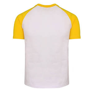 T-shirt pour homme à manches raglan blanc et jaune, 100% coton jersey, col rond, coupe classique, décontracté, couleur unie, design à blocs de couleurs - Product Image 4