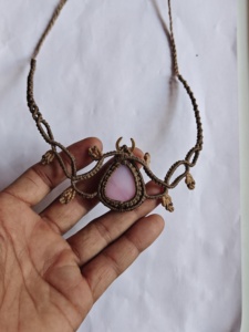 Handmade Brown Macrame Beads <b>Necklace</b> Rose Quartz Oval Cabochon Gold Crescent Moon Boho Jewelry Unisex IGI Certified Buddhism - Product Image 3