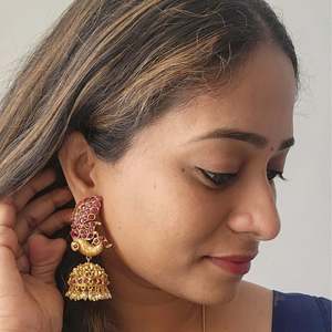 Ruby Embellished Peacock Jhumka Fine Dangle Earrings - Product Image 4